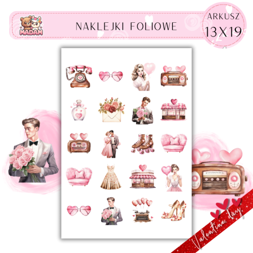 Naklejki Foliowe 13x19 Akwarelowe Retro Walentynki Miłość MaDam Creative