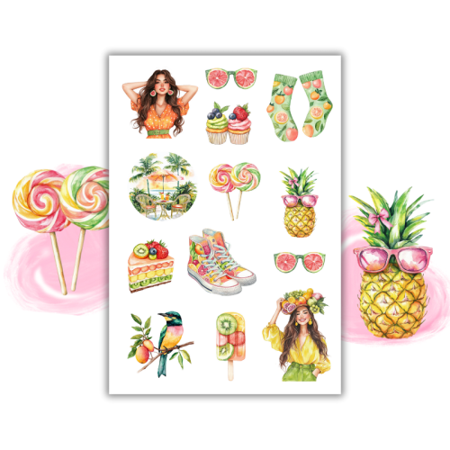 Naklejki Foliowe 13x19 Letni Vibe Kolorowe owoce, słońce i energia wakacji.3 MaDam Creative