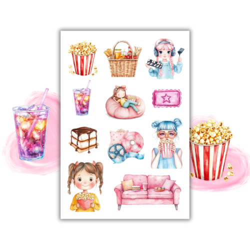 Naklejki Foliowe 13x19 Letni Wieczór z Filmem – Popcorn, ekran i miękka poducha MaDam Creative