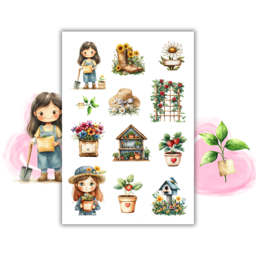 Naklejki Foliowe 13x19 Dziewczyna z Ogrodem – Grabki, konewka i kwiatowe marzenia MaDam Creative