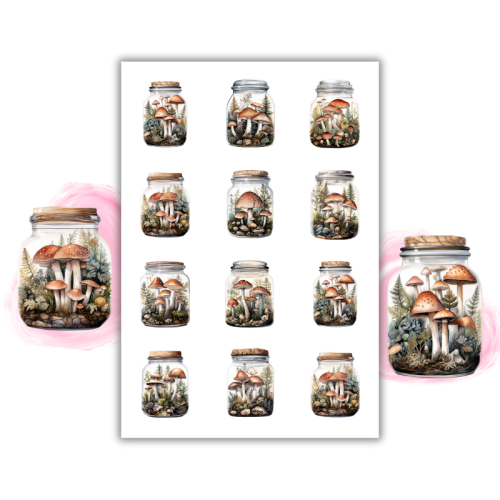 Naklejki Foliowe 13x19 Grzybowy Las w Słoiku – Miniaturowy świat pełen magii MaDam Creative