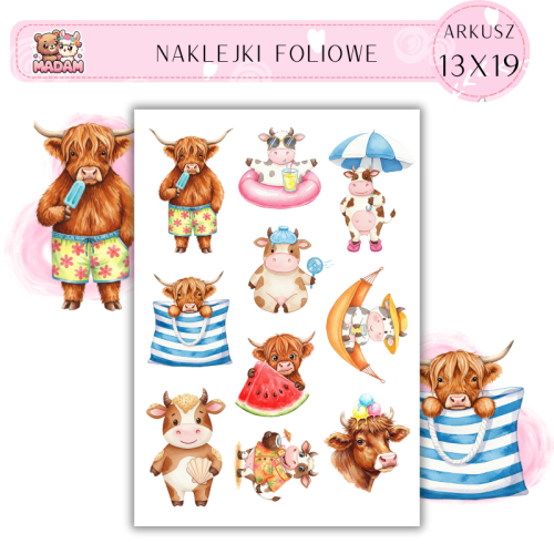 Naklejki Foliowe 13x19 Śmieszna Letnia Krowa Szkocka MaDam Creative