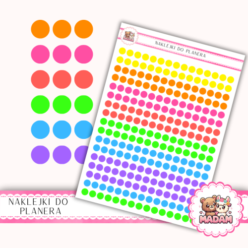 Naklejki planerowe Etykiety Kółka 6 mm MIX Neon Highlight 13×18 – fluorescencyjne kropki do planera Bullet Journal MaDam Creative