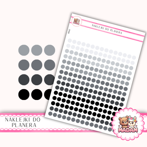 Naklejki planerowe Etykiety Kółka 6 mm MIX Monochrome PRO 13×18 – czarno-białe kropki do planera Bullet Journal MaDam Creative