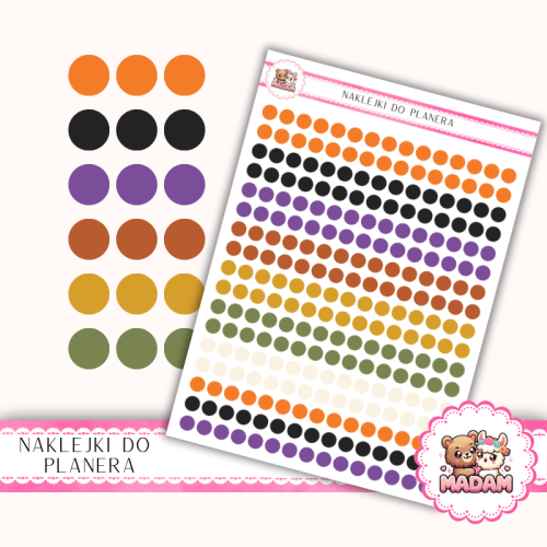 Naklejki planerowe Etykiety Kółka 6 mm MIX Halloween 13×18 – dyniowe jesienne kropki do planera Bullet Journal MaDam Creative