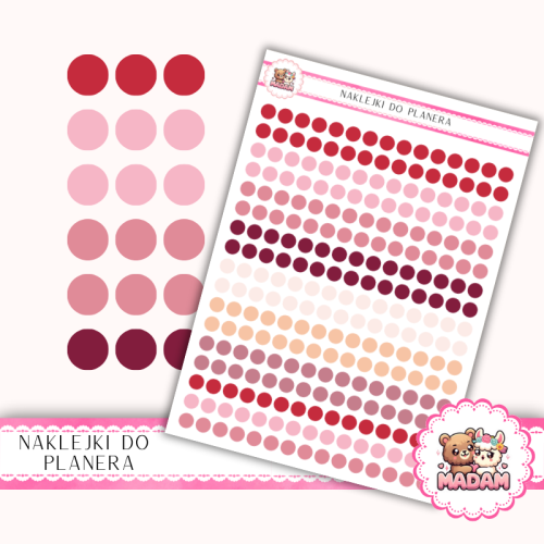Naklejki planerowe Etykiety Kółka 6 mm MIX Walentynki 13×18 – różowo-czerwone kropki do planera Bullet Journal MaDam Creative