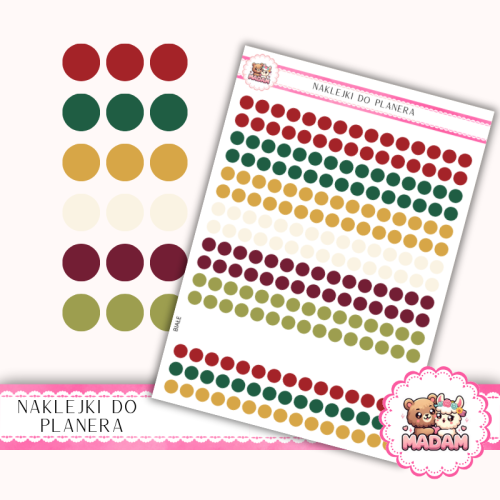 Naklejki planerowe Etykiety Kółka 6 mm MIX Boże Narodzenie 13×18 – świąteczne kropki zielono-czerwone do planera Bullet Journal MaDam Creative