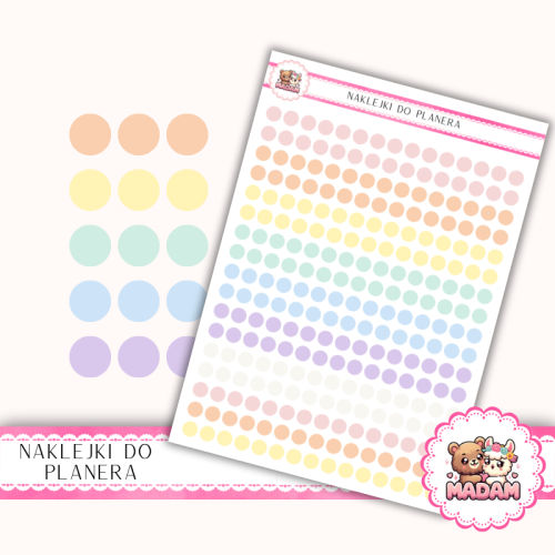 Naklejki planerowe Etykiety Kółka 6 mm MIX Rainbow Pastel 13×18 – do planera, bullet journal, scrapbookingu MaDam Creative