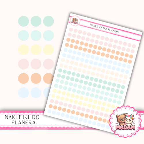 Naklejki planerowe Etykiety Kółka 6 mm MIX Baby Soft 13×18 – do planera, bullet journal, scrapbookingu MaDam Creative