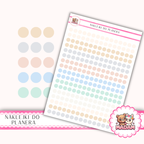 Naklejki planerowe Etykiety Kółka 6 mm MIX Neutral Pastel 13×18 – do planera, bullet journal, scrapbookingu MaDam Creative
