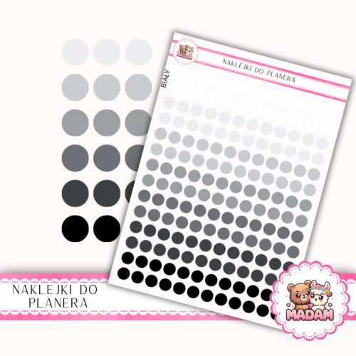 Naklejki planerowe Etykiety Kółka 8 mm MIX Monochrome PRO 13×18 – czarno-białe kropki do planera MaDam Creative