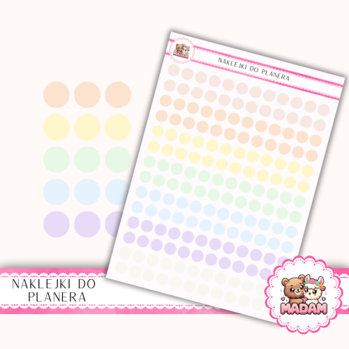 Naklejki planerowe Etykiety Kółka 8 mm MIX Rainbow Pastel 13×18 – do planera, bullet journal, scrapbookingu MaDam Creative