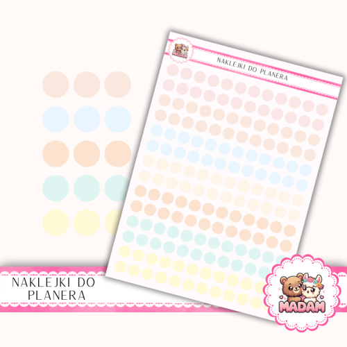 Naklejki planerowe Etykiety Kółka 8 mm MIX Baby Soft 13×18 – do planera, bullet journal, scrapbookingu MaDam Creative