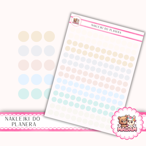 Naklejki planerowe Etykiety Kółka 8 mm MIX Neutral Pastel 13×18 – do planera, bullet journal, scrapbookingu MaDam Creative