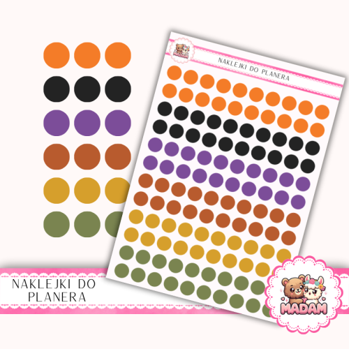 Naklejki planerowe Etykiety Kółka 10 mm MIX Halloween 13×18 – dyniowe i jesienne kropki ozdobne do planera Bullet Journal MaDam Creative