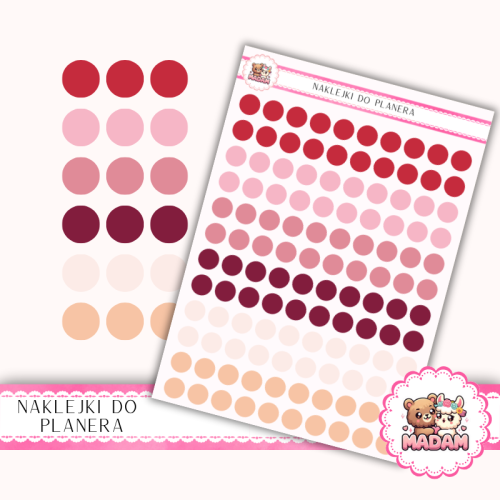 Naklejki planerowe Etykiety Kółka 10 mm MIX Walentynki 13×18 – czerwono-różowe kropki miłosne do planera Bullet Journal MaDam Creative