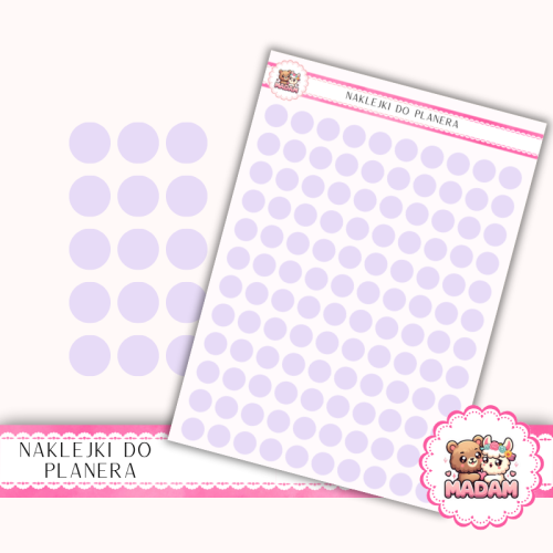 Naklejki planerowe Etykiety Kółka 10 mm Lawenda Pastelowa 13×18 – ozdobne kropki do planera, bullet journal, scrapbookingu MaDam Creative