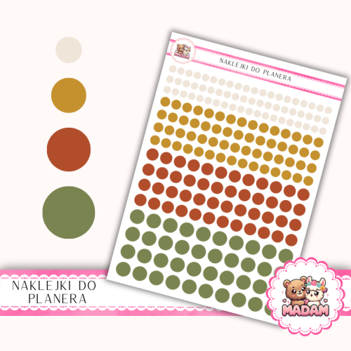 Naklejki planerowe Etykiety Kółka 4,6,8,10 mm MIX Autumn Cozy 13×18 – do planera, bullet journal, scrapbookingu MaDam Creative