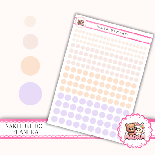 Naklejki planerowe Etykiety Kółka 4,6,8,10 mm MIX Romantic Blush 13×18 – do planera, bullet journal, scrapbookingu MaDam Creative