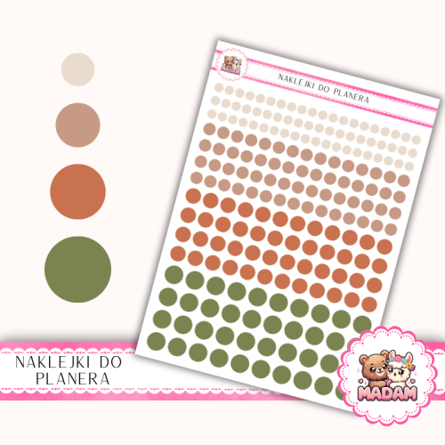 Naklejki planerowe Etykiety kółka 4,6,8,10 mm MIX Boho Natural 13×18 – do planera, bullet journal, scrapbookingu MaDam Creative