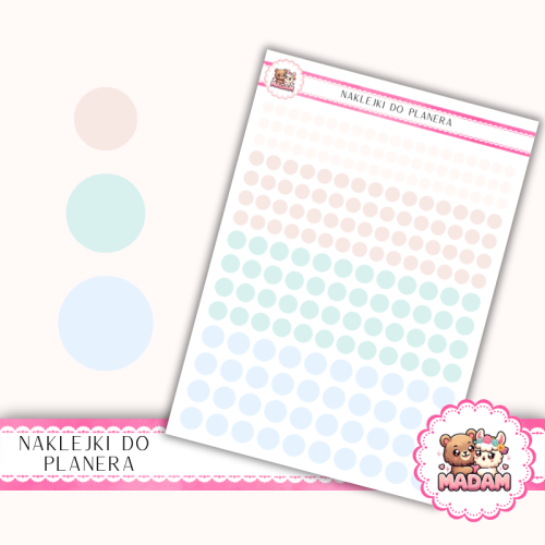 Naklejki planerowe Etykiety Kółka 4,6,8,10 mm MIX Pastel Gradient 13×18 – do planera, bullet journal, scrapbookingu MaDam Creative
