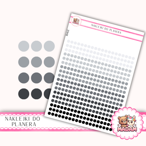Naklejki planerowe Etykiety Kółka 4 mm MIX Monochrome PRO 13×18 – do planera, bullet journal, scrapbookingu MaDam Creative