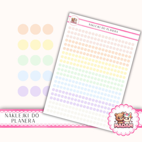 Naklejki planerowe Etykiety Kółka 4 mm MIX Rainbow Pastel 13×18 – do planera, bullet journal, scrapbookingu MaDam Creative