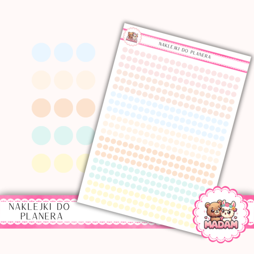 Naklejki planerowe Etykiety Kółka 4 mm MIX Baby Soft 13×18 – do planera, bullet journal, scrapbookingu MaDam Creative