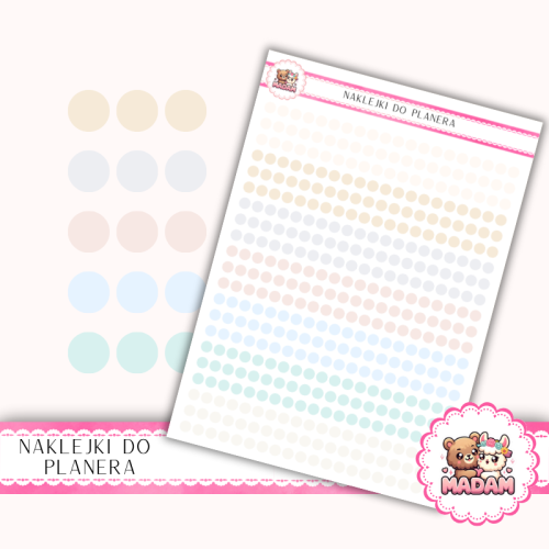 Naklejki planerowe Etykiety Kółka 4 mm MIX Neutral Pastel 13×18 – do planera, bullet journal, scrapbookingu MaDam Creative