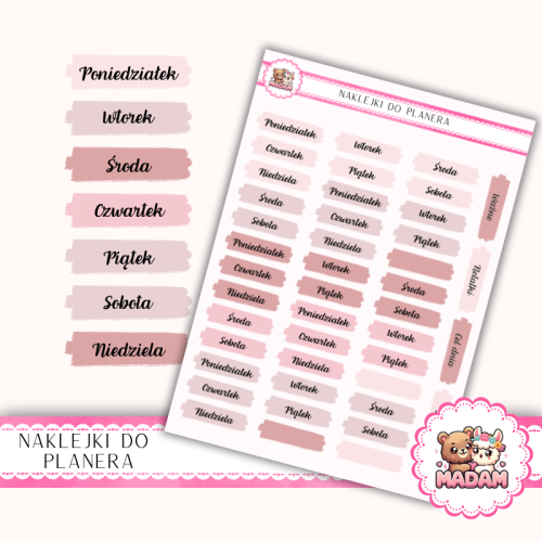 Naklejki planerowe dni tygodnia Romantic Rose 13x18 do planera Bullet Journal MaDam Creative