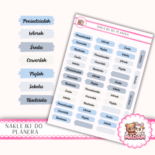 Naklejki planerowe dni tygodnia błękitne minimalistyczne 13x18 do planera Bullet Journal MaDam Creative