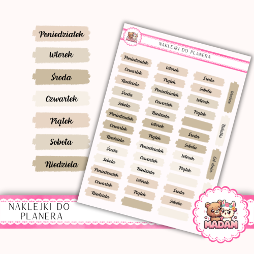 Naklejki planerowe dni tygodnia beżowe boho 13x18 do planera Bullet Journal MaDam Creative