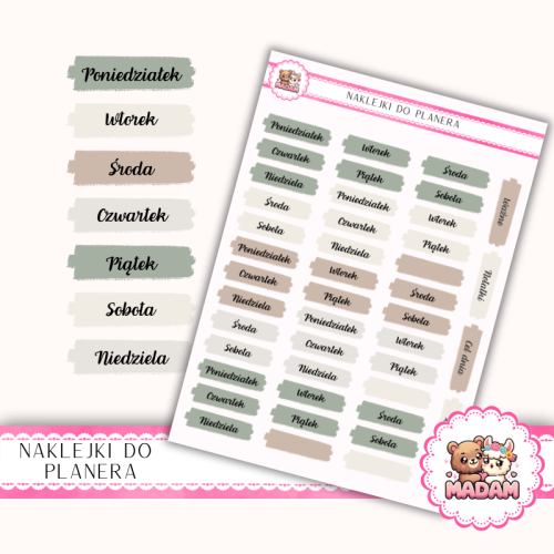 Naklejki planerowe dni tygodnia szałwiowe neutralne 13x18 do planera Bullet Journal MaDam Creative