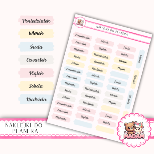 Naklejki planerowe dni tygodnia pastelowe 13x18 do planera Bullet Journal MaDam Creative