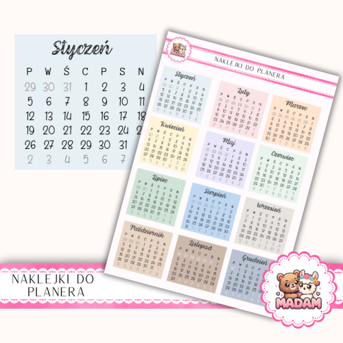 Naklejki kalendarzowe miesiące 2026 Pastel Basic 13x18 do planera Bullet Journal MaDam Creative