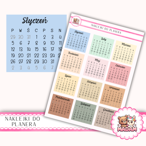 Naklejki kalendarzowe miesiące 2026 Seasonal Bright 13x18 do planera Bullet Journal MaDam Creative
