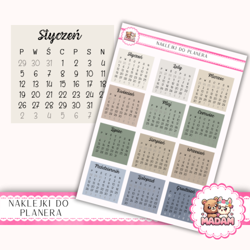 Naklejki kalendarzowe miesiące 2026 Natural Calm 13x18 do planera Bullet Journal MaDam Creative