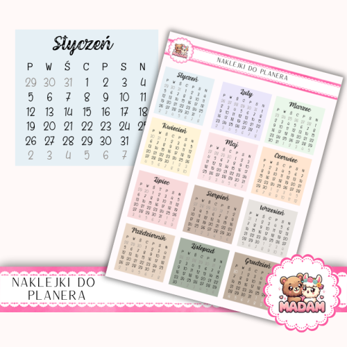 Naklejki kalendarzowe miesiące 2026 Pastel Basic 13x18 do planera Bullet Journal MaDam Creative