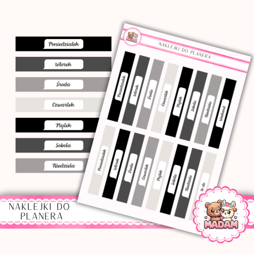 Naklejki planerowe paski tygodniowe Black & Neutral 13x18 do planera Bullet Journal MaDam Creative
