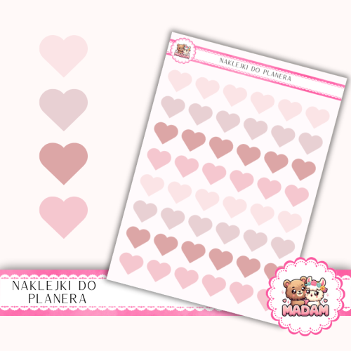 Naklejki planerowe serduszka różowe romantic 13x18 do planera Bullet Journal MaDam Creative