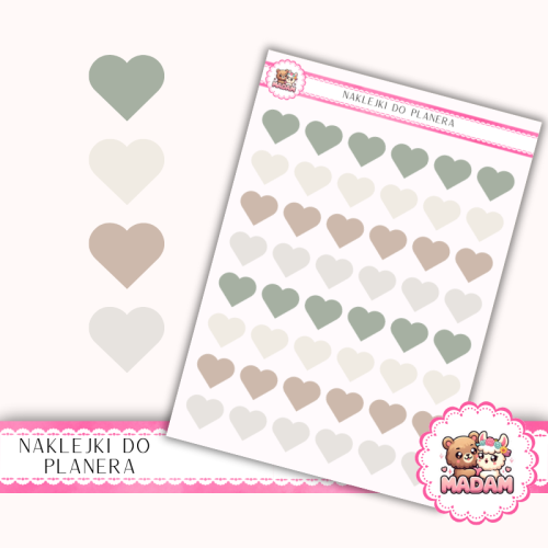 Naklejki planerowe serduszka szałwiowe neutralne 13x18 do planera Bullet Journal MaDam Creative