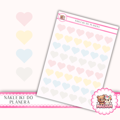 Naklejki planerowe serduszka pastelowe 13x18 do planera Bullet Journal MaDam Creative