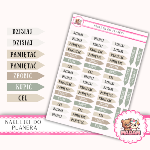 Naklejki planerowe flagi z napisami Sage Calm 13x18 – dni i cele do planera Bullet Journal MaDam Creative