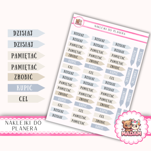 Naklejki planerowe flagi z napisami Fresh Minimal 13x18 – funkcjonalne naklejki do planera MaDam Creative