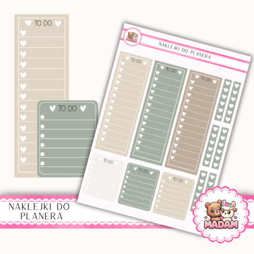 Naklejki planerowe listy To Do serduszka Sage Calm 13x18 do planera Bullet Journal MaDam Creative