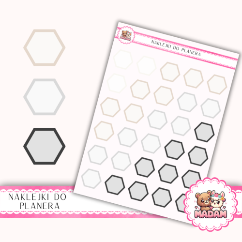 Naklejki planerowe sześciokąty 13x18 Neutralny Mix do planera Bullet Journal MaDam Creative
