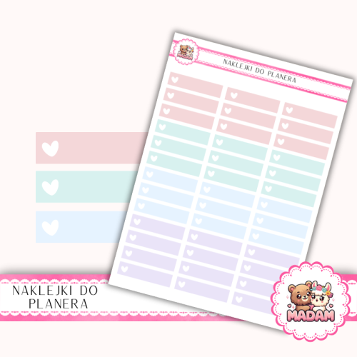 Naklejki planerowe Paski z ikoną serca Pastelowy Mix 13x18 do planera Bullet Journal MaDam Creative