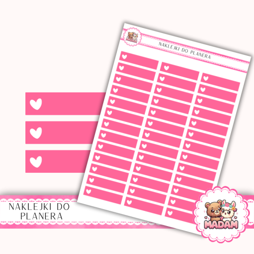 Naklejki planerowe Paski z ikoną serca Fuksja 13x18 do planera Bullet Journal MaDam Creative