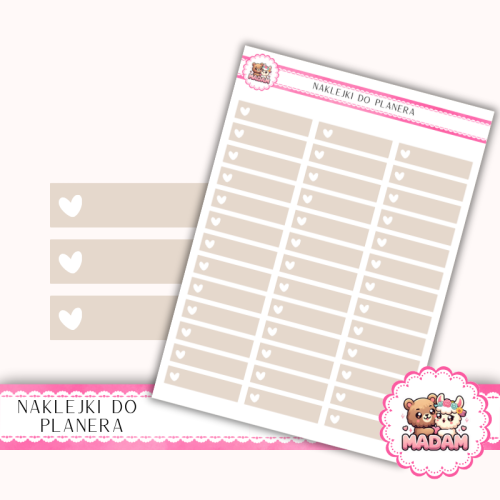 Naklejki planerowe Paski z ikoną serca Taupe Beżowy 13x18 do planera Bullet Journal MaDam Creative