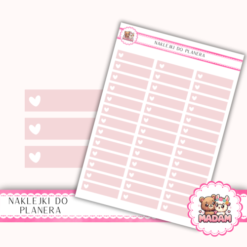 Naklejki planerowe Paski z ikoną serca Róż Pastelowy 13x18 do planera Bullet Journal MaDam Creative